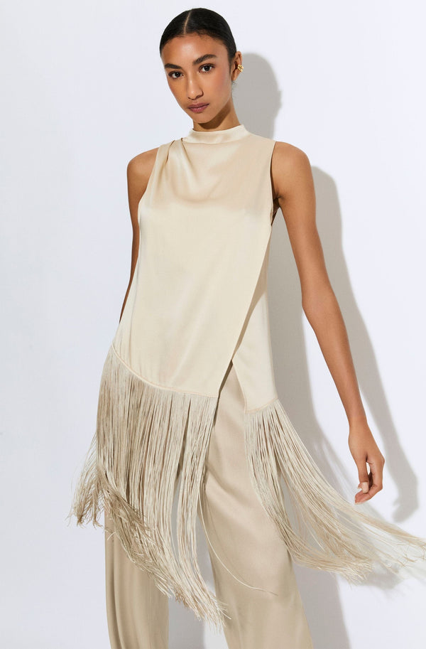 Sally Lapointe Satin Cowl Neck Fringe Top