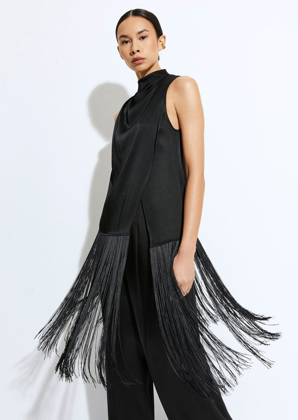 Sally Lapointe Satin Cowl Neck Fringe Top