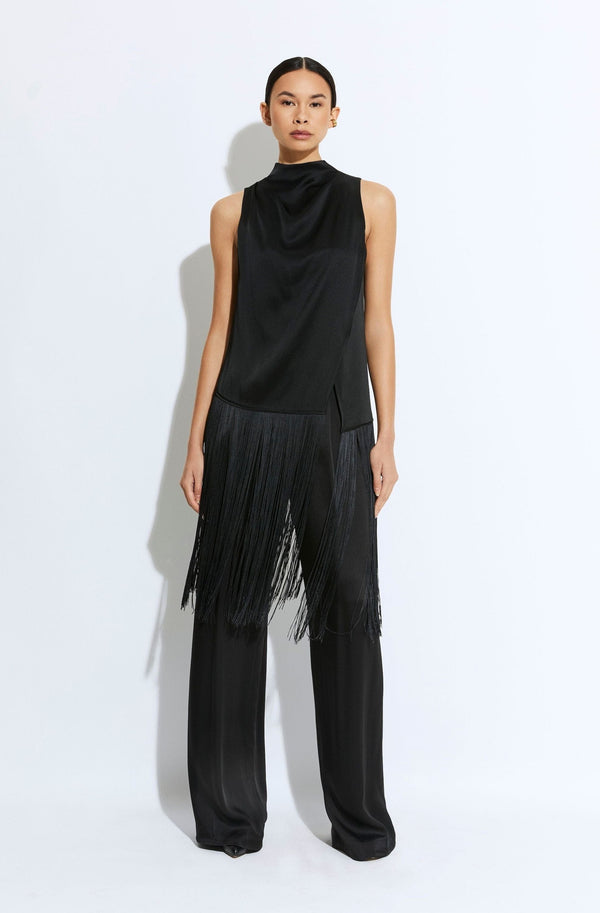 sally lapointe Satin Cowl Neck Fringe Top