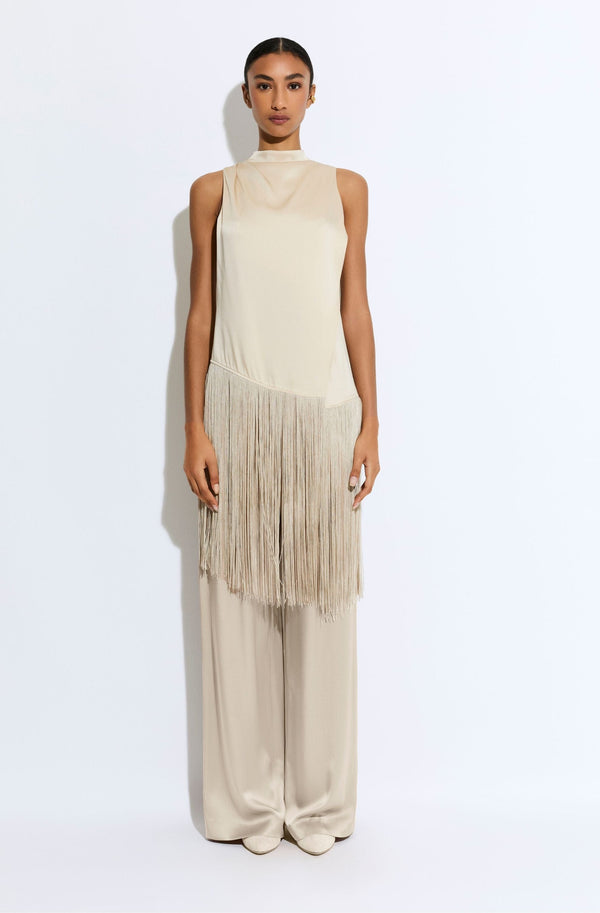 sally lapointe Satin Cowl Neck Fringe Top