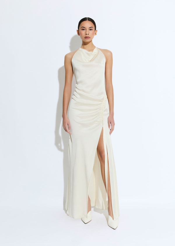 Sally Lapointe Satin Cowl Neck Tab Gown