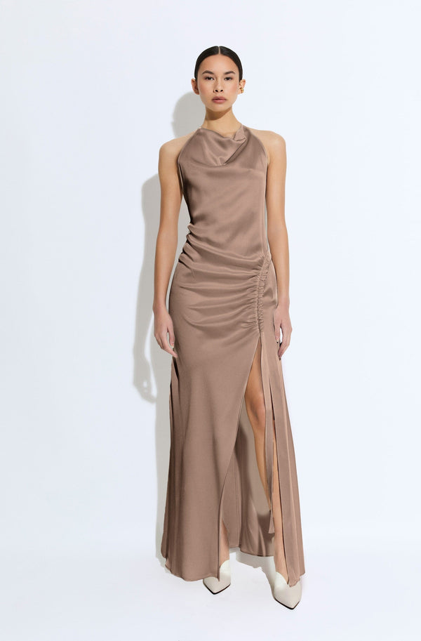 Sally Lapointe Satin Cowl Neck Tab Gown