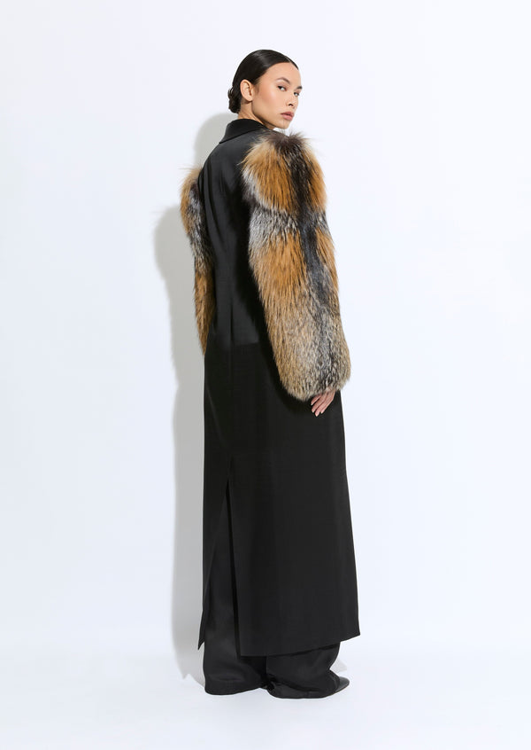 Sally Lapointe Satin Double Breasted Coat With Fur