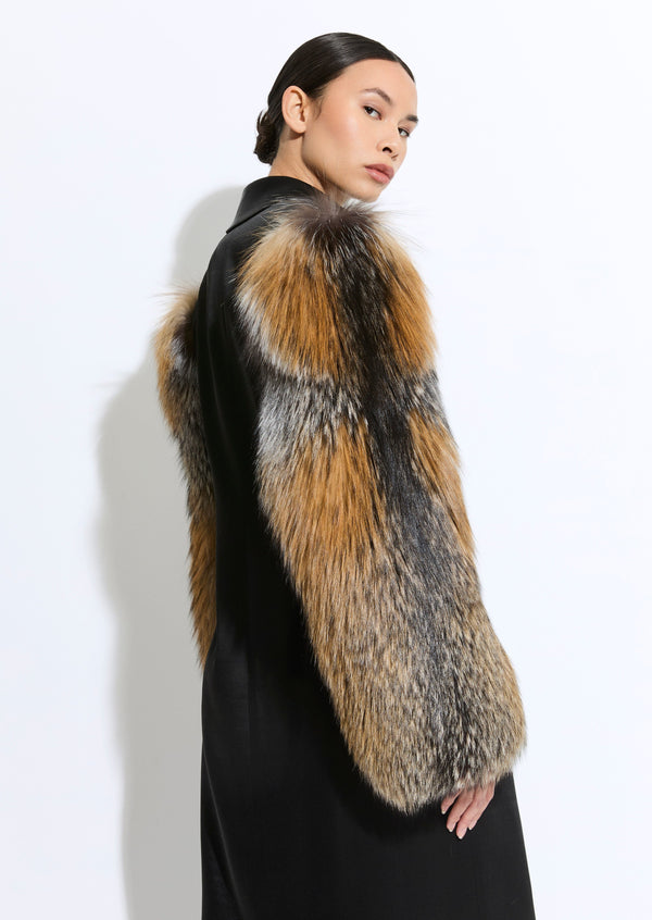 Sally Lapointe Satin Double Breasted Coat With Fur