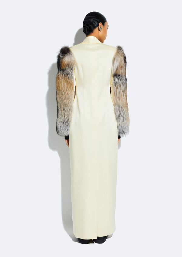 Sally Lapointe Satin Double Breasted Coat With Fur