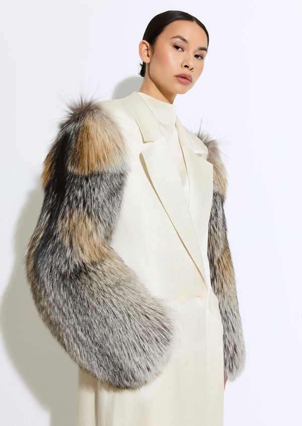 Sally Lapointe Satin Double Breasted Coat With Fur