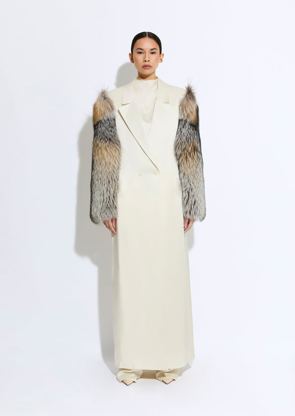 sally lapointe Satin Double Breasted Coat With Fur