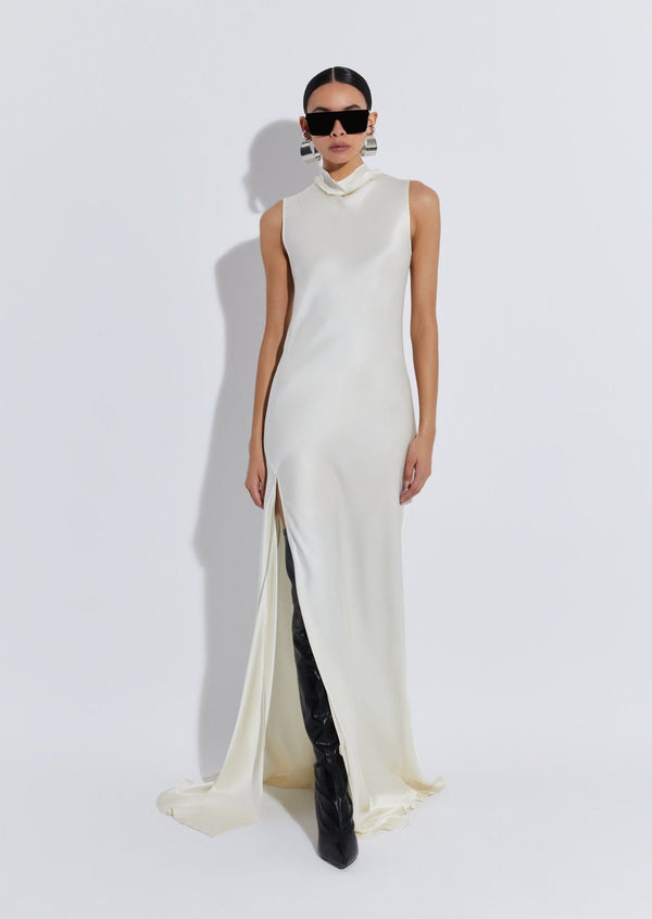 Sally Lapointe Satin Drape Neck Sleeveless Gown