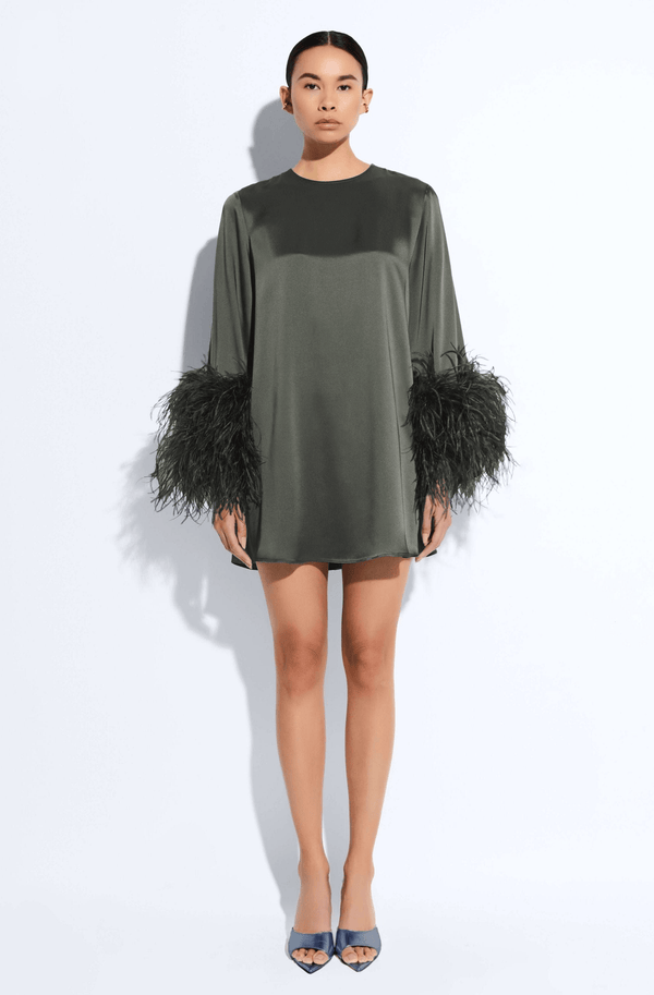 Sally Lapointe Satin Dress With Feathers