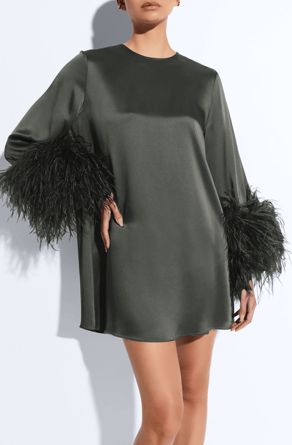 Sally Lapointe Satin Dress With Feathers