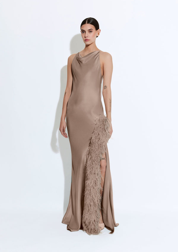 Sally Lapointe Satin Halter Gown With Feathers