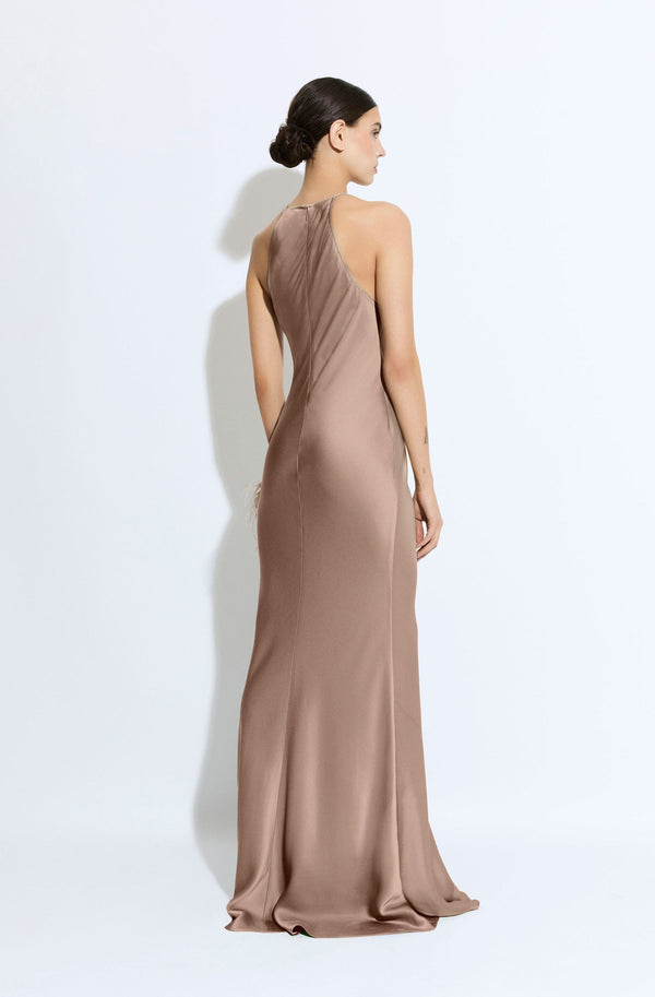 Sally Lapointe Satin Halter Gown With Feathers