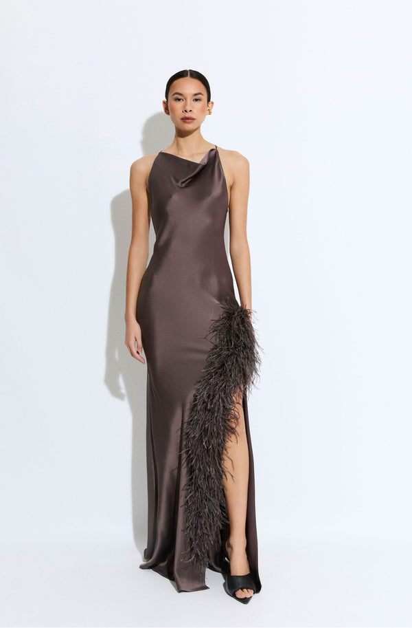 Sally Lapointe Satin Halter Gown With Feathers