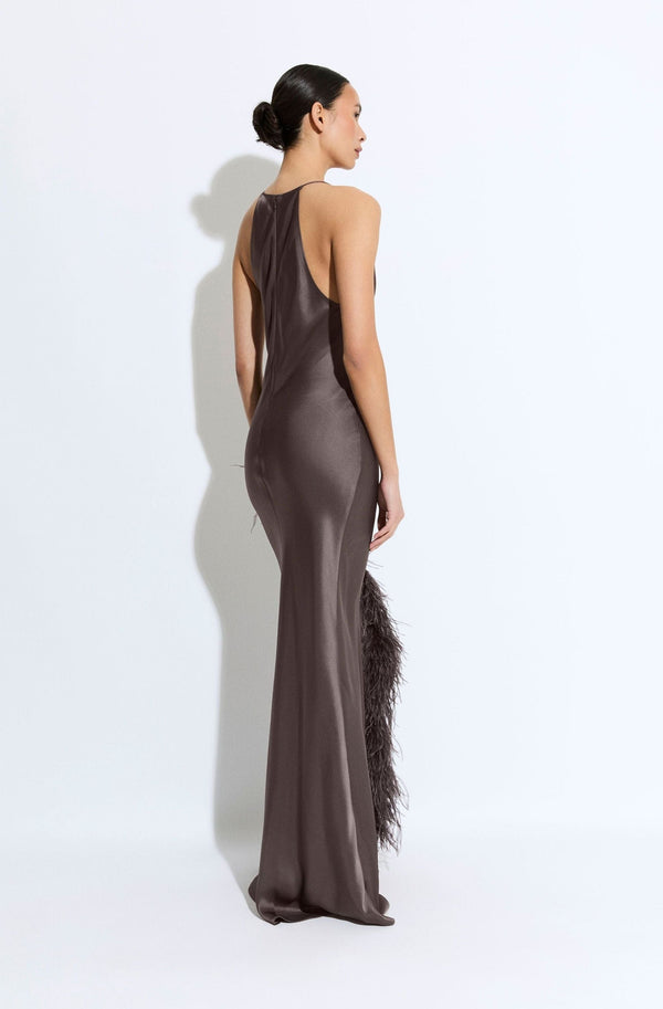 Sally Lapointe Satin Halter Gown With Feathers