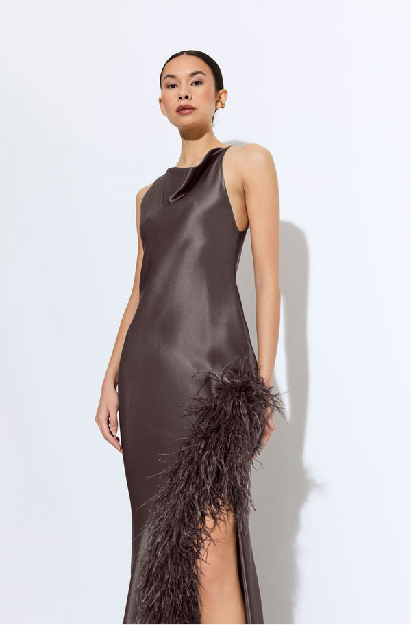 Sally Lapointe Satin Halter Gown With Feathers