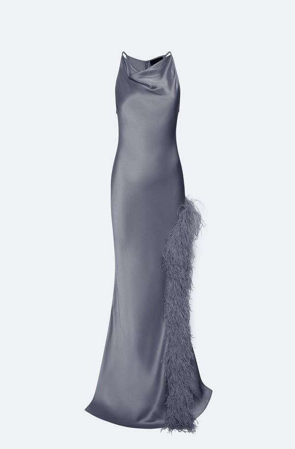 Sally Lapointe Satin Halter Gown With Feathers