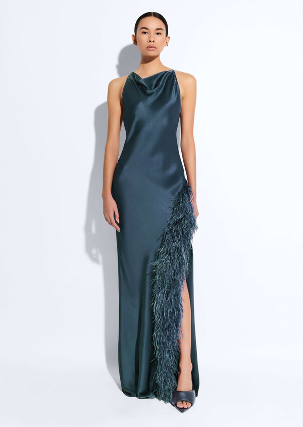 Sally Lapointe Satin Halter Gown With Feathers
