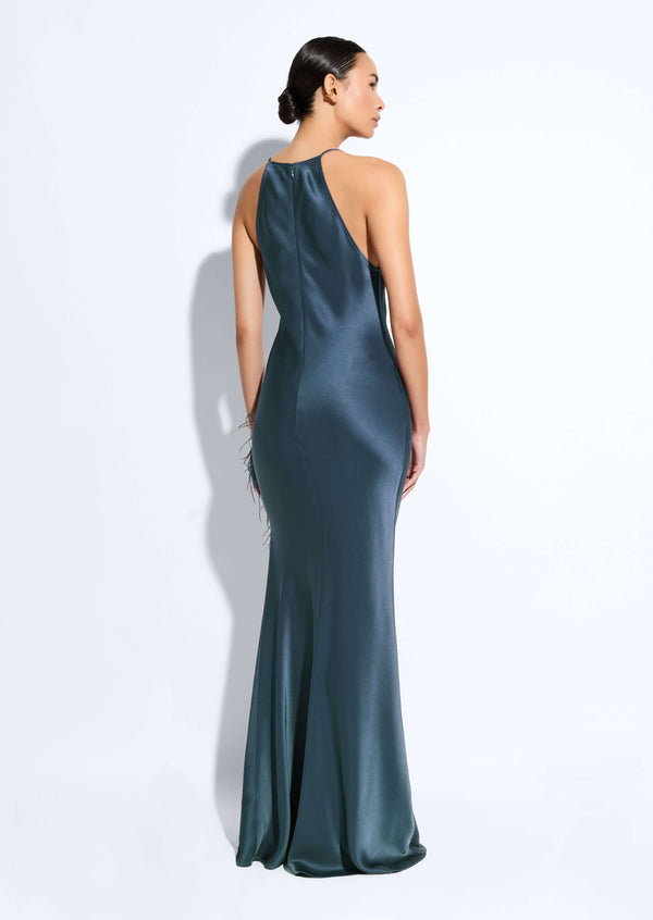 Sally Lapointe Satin Halter Gown With Feathers
