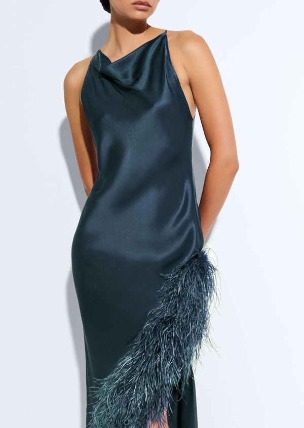 Sally Lapointe Satin Halter Gown With Feathers