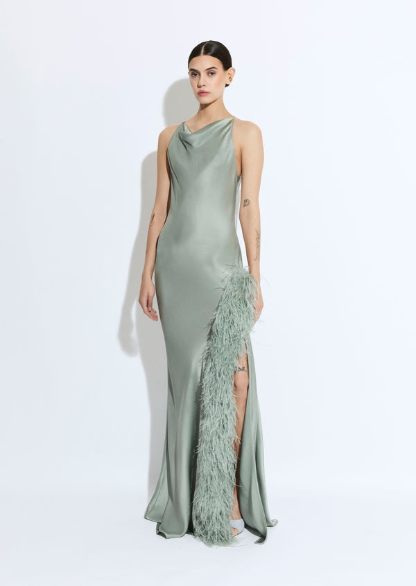 Sally Lapointe Satin Halter Gown With Feathers