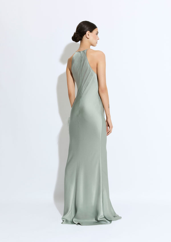 Sally Lapointe Satin Halter Gown With Feathers