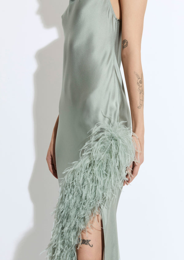 Sally Lapointe Satin Halter Gown With Feathers
