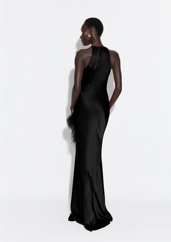 Sally Lapointe Satin Halter Gown With Feathers