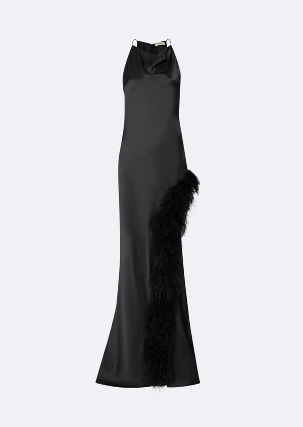 Sally Lapointe Satin Halter Gown With Feathers