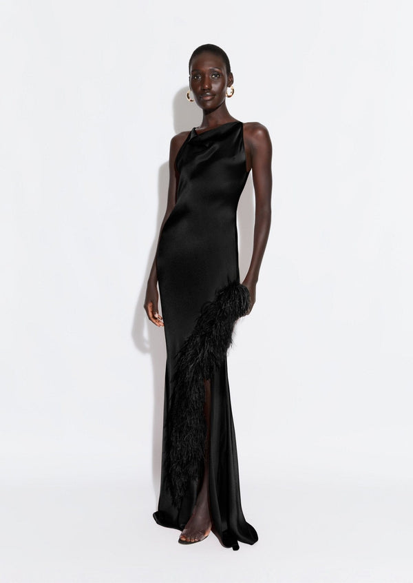 sally lapointe Satin Halter Gown With Feathers