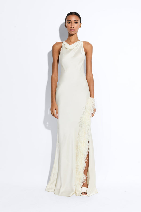 Sally Lapointe Satin Halter Gown With Feathers