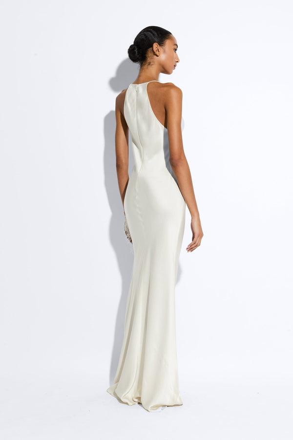 Sally Lapointe Satin Halter Gown With Feathers