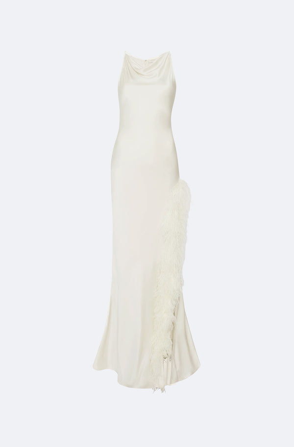 Sally Lapointe Satin Halter Gown With Feathers