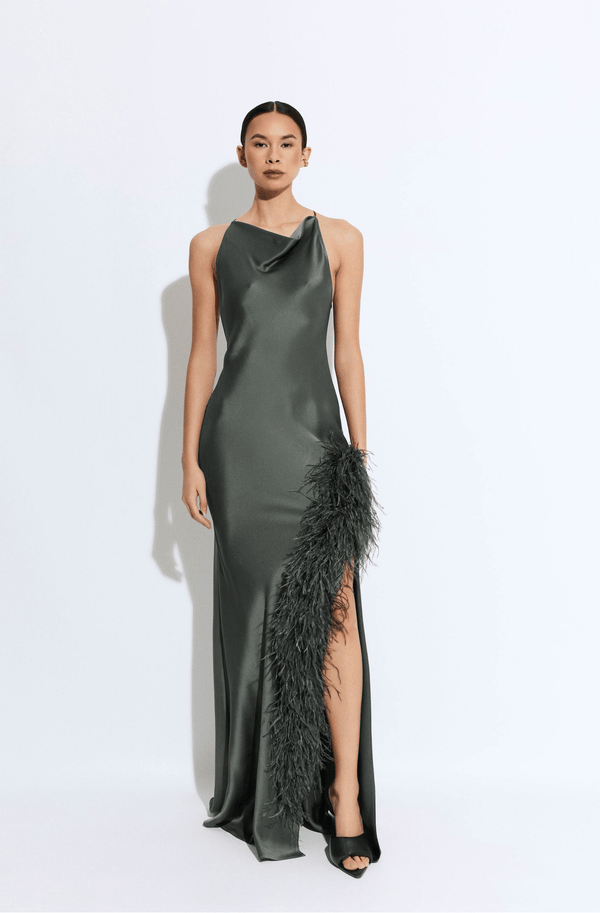 sally lapointe Satin Halter Gown With Feathers