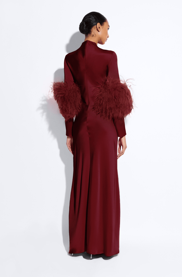 Sally Lapointe Satin Tab Gown With Feathers