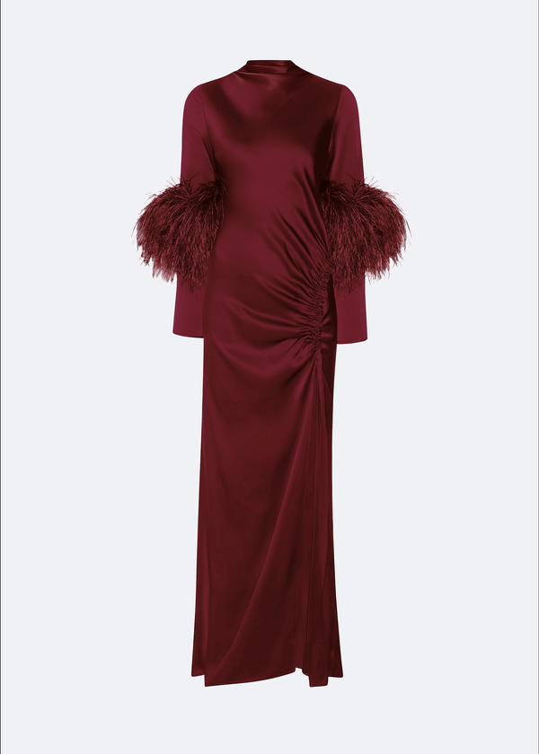 Sally Lapointe Satin Tab Gown With Feathers