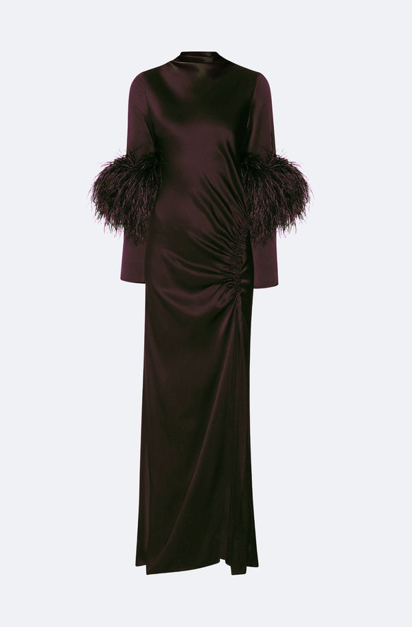 Sally Lapointe Satin Tab Gown With Feathers