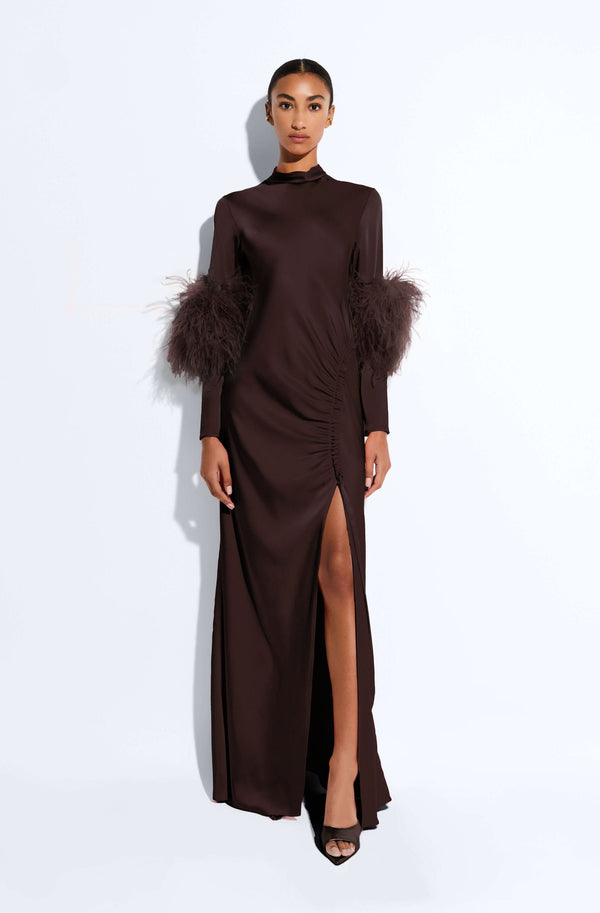 sally lapointe Satin Tab Gown With Feathers