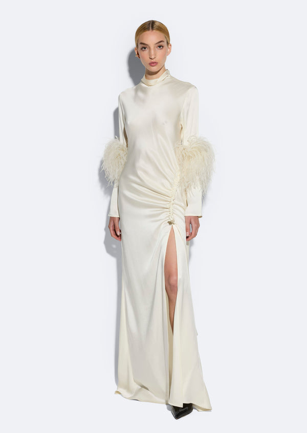 Sally Lapointe Satin Tab Gown With Feathers