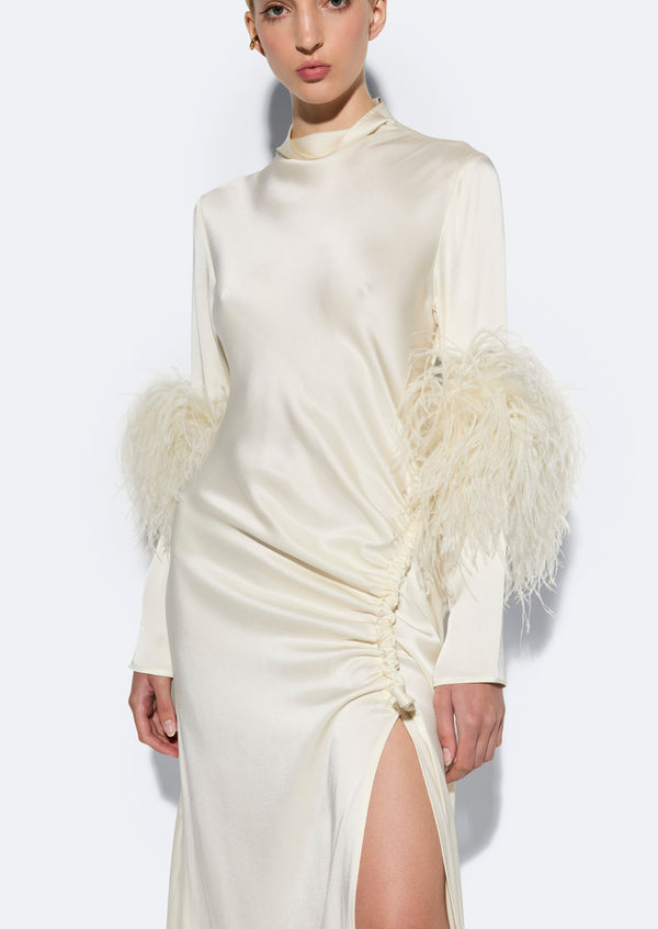 Sally Lapointe Satin Tab Gown With Feathers