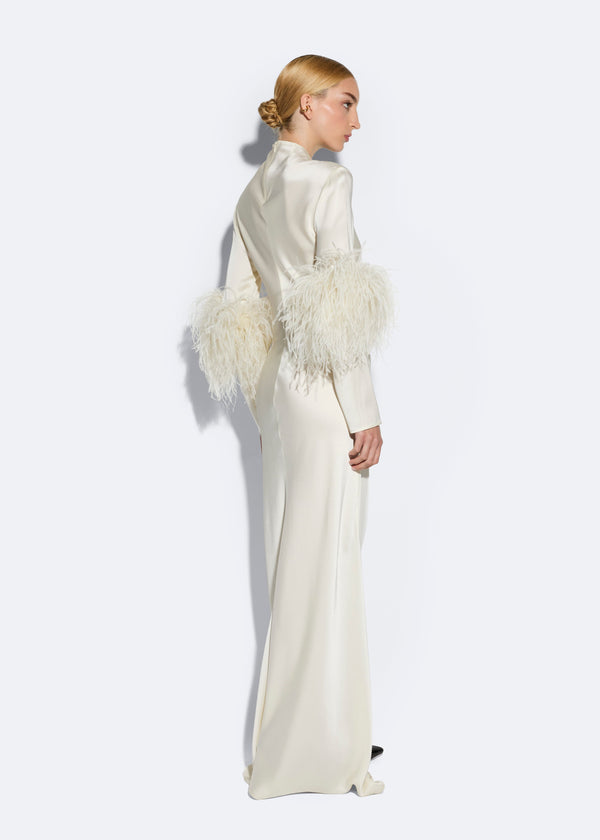 Sally Lapointe Satin Tab Gown With Feathers