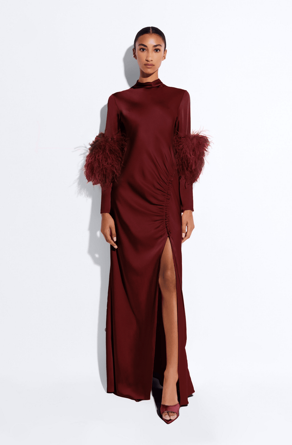 sally lapointe Satin Tab Gown With Feathers