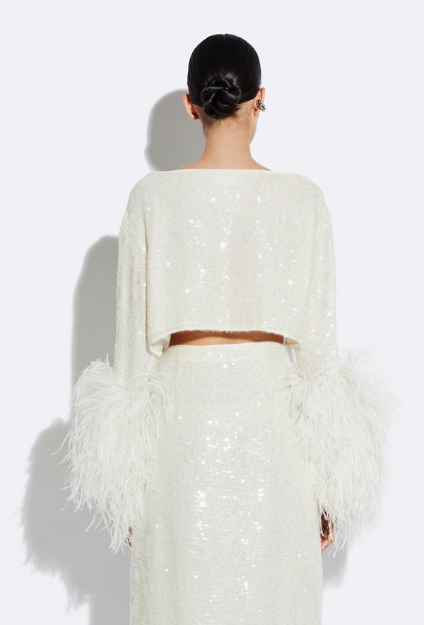Sally Lapointe Sequin Cropped Top With Feathers