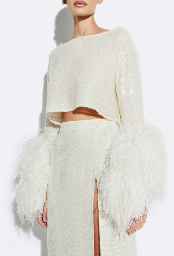 Sally Lapointe Sequin Cropped Top With Feathers