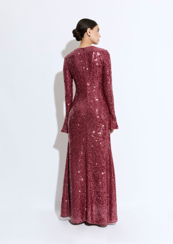 Sally Lapointe Sequin Flare Sleeve Boatneck Gown