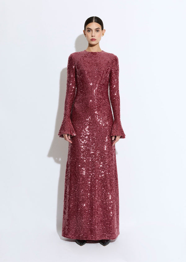 sally lapointe Sequin Flare Sleeve Boatneck Gown