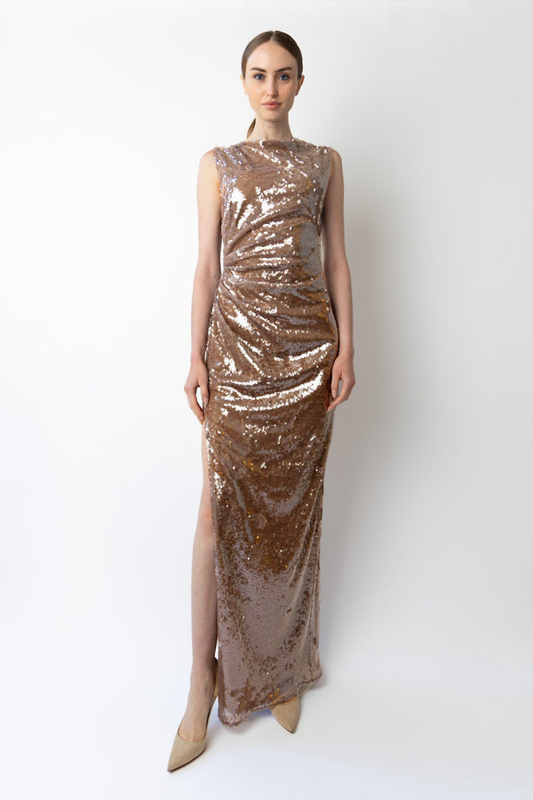 Sally Lapointe Sheer Sequin Ruched Gown With Slit
