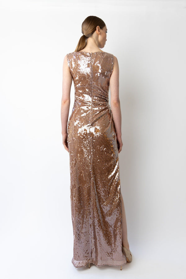 Sally Lapointe Sheer Sequin Ruched Gown With Slit