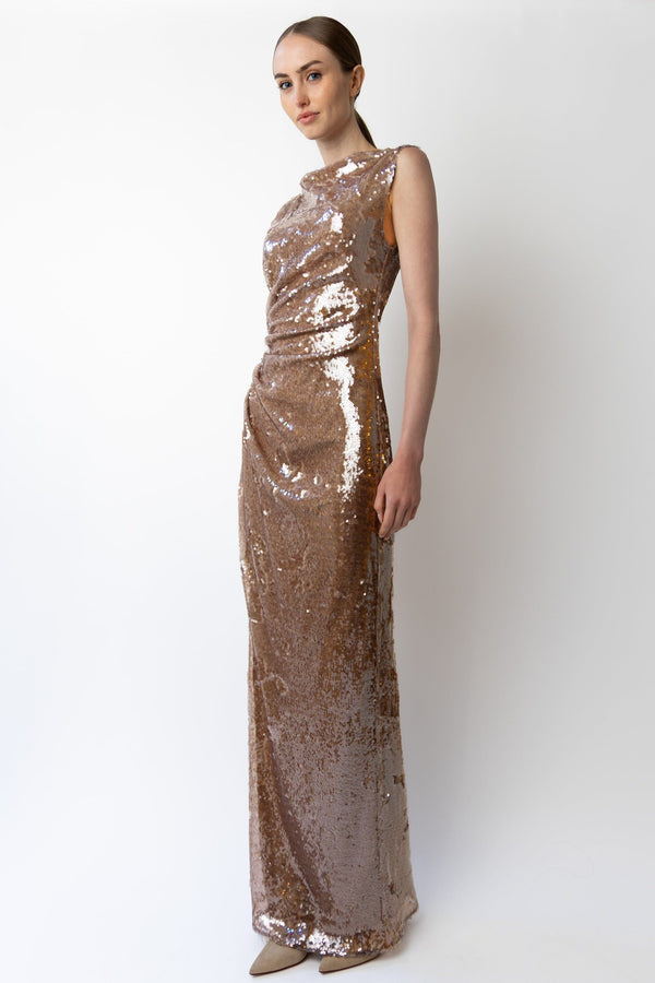Sally Lapointe Sheer Sequin Ruched Gown With Slit