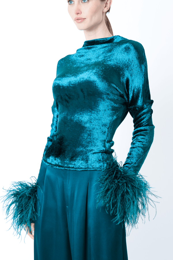 Sally Lapointe Velvet Dolman Top With Feathers