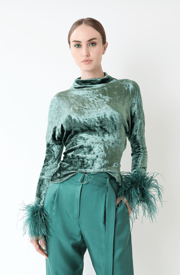 sally lapointe Velvet Dolman Top With Feathers